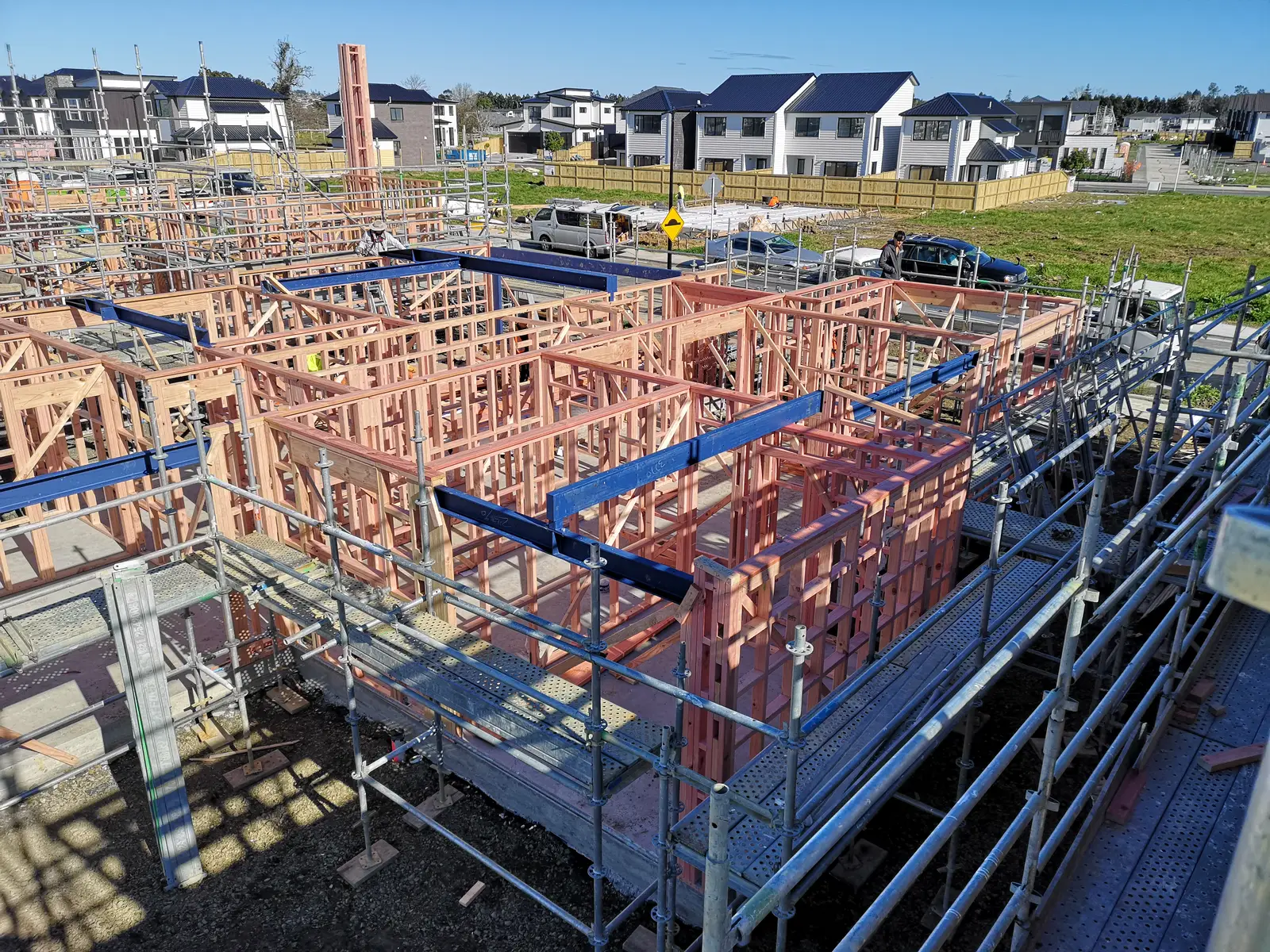 Ground-floor timber wall framing with blue structural steel beams, viewed from scaffolding
