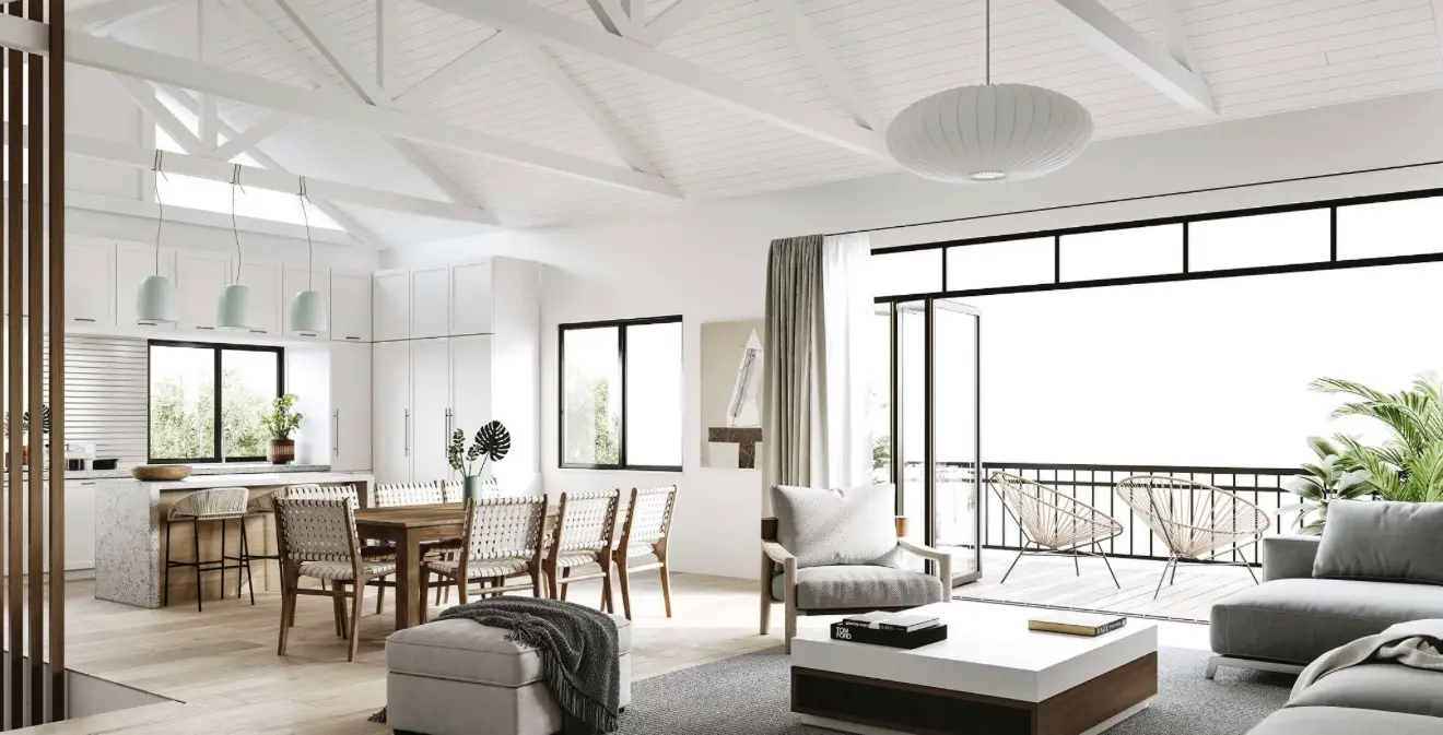 Render of an open-plan living and dining space under a white trussed ceiling
